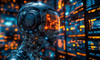 © Bartek - Futuristic humanoid robot with illuminated digital face displaying data in high-tech server room with glowing orange and blue lights and circuit patterns