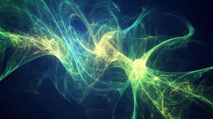 Aufkleber - Abstract quantum computing video visualization, glowing particles forming intricate wave patterns, deep blue and electric green color palette, futuristic energy flow
