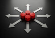 © Pixel Studio - Business strategy concept red hexagons with arrows pointing in different directions on black background