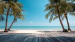 © Art by Saiful - Vibrant photo of tranquil beach scene on a sunny day with palm trees and a wooden walkway ideal for a horizontal banner with copy space image.