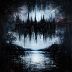 Wall Mural - a mesmerizing abstract landscape with sharp vertical spikes against a cosmic backdrop, reflecting in