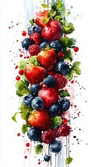 Wall Mural - vibrant watercolor depiction of assorted berries, including strawberries, blueberries, and raspberri