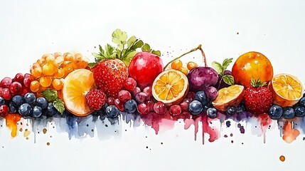Wall Mural - colorful watercolor illustration of fresh fruits including strawberries, oranges, and blueberries, s