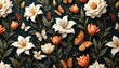 © Viktor - Dark vintage floral wallpaper with white lilies tulips, butterflies. Opulent floral design creates enchanting luxurious wall decor. Perfect for fabric printing fashion wall art, home decor, more.