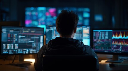 Programmer Working Late Night on Multiple Monitors Coding Software Development Project Data Analysis Cybersecurity Dark Blue Light Screens Digital Technology web code    