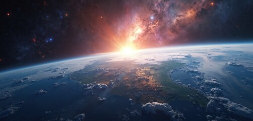 Wall Mural - Breathtaking view Earth from space. Vivid blue planet, vast universe, bright sun rays illuminate cosmos. Stunning cosmic atmosphere, exploration theme, science, travel.