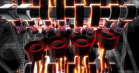 Poster - Camera Zoom-In Animation Exposing V8 Pistons Inside the Moving Engine. Industry And Technology Related 3D Animation.