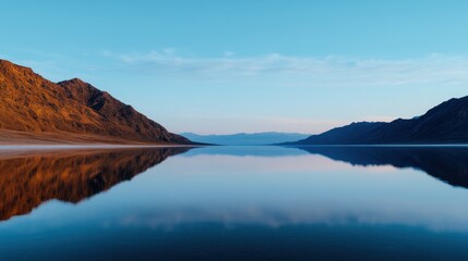 Wall Mural - At dawn, soft light illuminates a vast desert landscape. Calm waters reflect surrounding mountains, creating a peaceful and picturesque vista that invites contemplation.