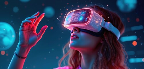 Woman wearing VR glasses, exploring virtual world with digital interface, connection lines. Futuristic tech, metaverse, augmented reality, virtual reality, internet, data visualization, interface.