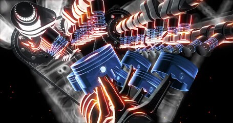 Poster - Wireframe Car Hood Opening to Reveal V8 Pistons and Spark Plugs. Industry And Technology Related 3D Animation.