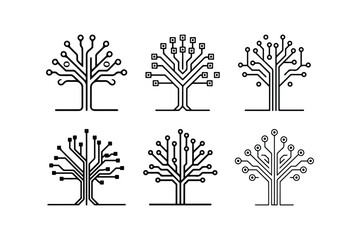 Tech Tree Circuit Icons Futuristic Digital Tree Line Art Vector Collection