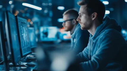 Two men working on computers in dark office. Hacker, programmer or IT engineer on multiple monitors with code. Data center footage.