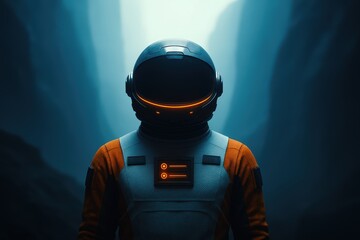 Astronaut wearing futuristic space suit with helmet standing in a deep canyon with glowing lights. Alien exoplanet and sci-fi space exploration concept
