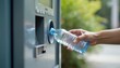 © Viktor - Person puts empty plastic water bottle reverse vending machine for recycling. Machine dispenses money reward for return. Concept eco-friendly tech for pollution reduction. Recycling, reuse of