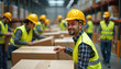© Viktor - Team employees in uniform sorting package boxes in distribution center. Workers wearing yellow safety vests, helmets. Logistic professionals work at warehouse. Boxes on shelves in storage.