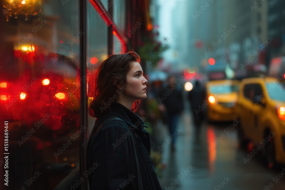 A young woman stands pensively on a rainy city street, framed by glowing red neon reflections and soft light. Ideal for cinematic stories, emotions, and urban lifestyle themes