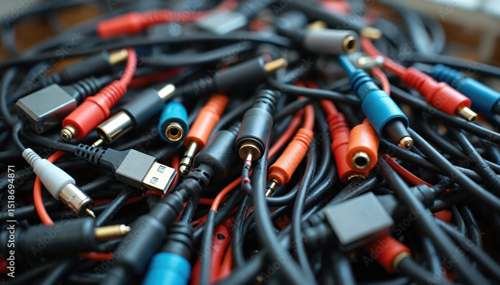 Heap of assorted used tech cables, connectors, plugs. Cables include ...