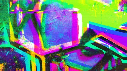 Wall Mural - glitch art in neon colors, featuring pink, blue, yellow with acid wave effect. trendy 2000s aestheti