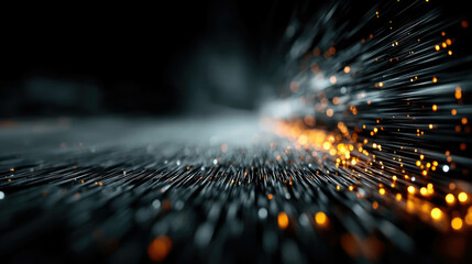 Wall Mural - Abstract data stream with glowing orange and blue particles flowing in a dynamic futuristic environment