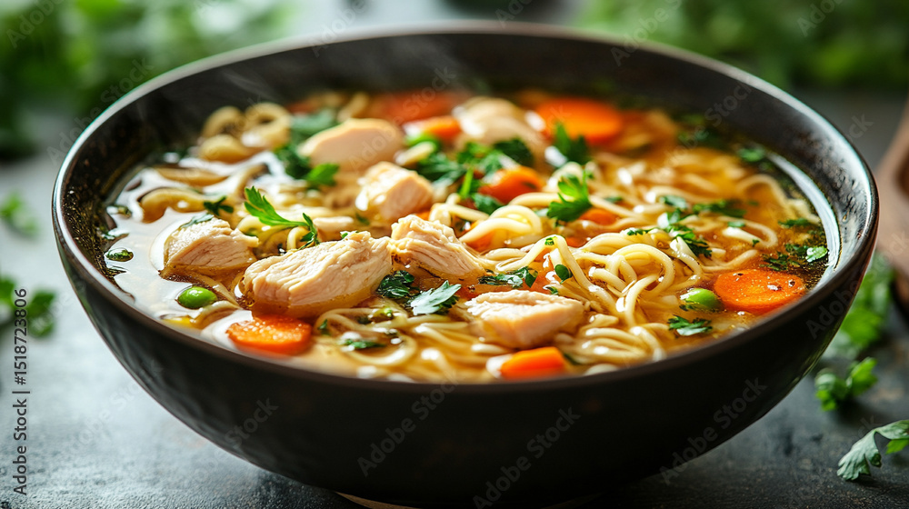 Warm bowl of chicken noodle soup with carrots and herbs on a wooden table—symbolizing comfort, home cooking, and nourishment. A healthy meal with rustic presentation and caption space on the side.
