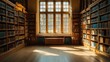 © Rizky - Sunlit library interior with tall wooden bookshelves