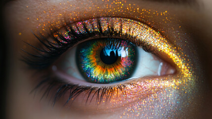 3D digital rendering of a multicolored human iris formed by scattered rainbow lines and binary light—symbolizing identity, vision, biometrics, AI perception, and the fusion of tech and humanity.

