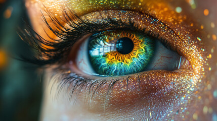 3D digital rendering of a multicolored human iris formed by scattered rainbow lines and binary light—symbolizing identity, vision, biometrics, AI perception, and the fusion of tech and humanity.
