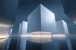 © MONY STUDIO - Abstract architectural space with geometric structures. Modern design with clean lines, smooth reflective floor, and diffuse lighting.