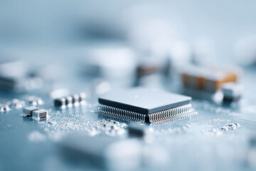 Wall Mural - closeup on a microchip, showcasing intricate circuit board details. represents innovation, technolog