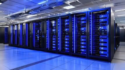Aufkleber - High tech data center interior with rows of illuminated blue server racks and overhead cable trays, representing modern IT infrastructure, cloud computing, and secure digital data management systems