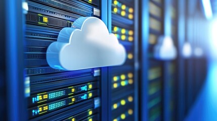 Aufkleber - 3D rendering of a glowing blue server room with a cloud icon, representing modern cloud computing, data storage infrastructure, online networking, and futuristic digital information technology