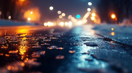 Wall Mural - the icy surface of the winter road glitters with light from distant traffic
