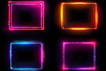 Wall Mural - set of glowing neon square frames with gradient fills and dynamic light trails isolated on a black b
