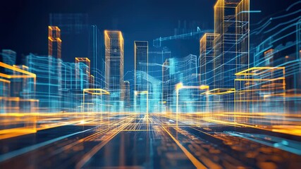 Futuristic city skyline digital wireframe glowing with blue and gold lights