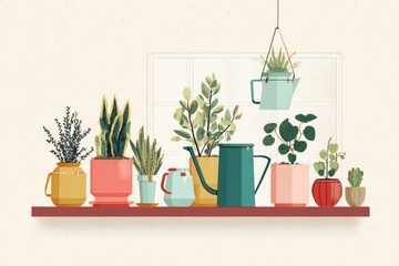 Poster - Indoor Plants Arrangement Near Window With Watering Can Creates a Serene Atmosphere in a Minimal Layout