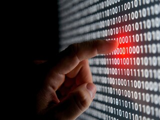 close-up of a human finger touching a brightly lit digital screen displaying rows of binary code wit