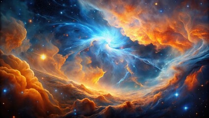Wall Mural - A Celestial Tapestry of Fiery Orange and Icy Blue Nebulae, Swirling in a Cosmic Dance of Light and Shadow, Interspersed with Gleaming Stars Across a Vast, Dark Expanse