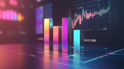 Poster - A D bar chart with metallic, gradient bars rising from a financial graph, showing growth and progress, with a modern digital interface in the background