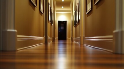 Poster - A cozy and inviting hallway with wooden flooring, soft lighting, and framed pictures on the walls, creating a warm atmosphere that welcomes guests