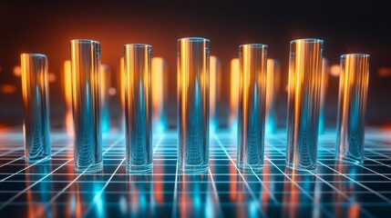 Aufkleber - A dynamic bar graph with tall, shiny bars in blue and orange, standing on a reflective grid, symbolizing financial success and economic performance