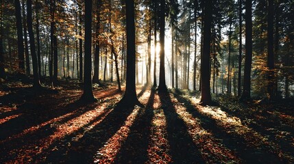 Aufkleber - Rays of sunlight pierce through the tall trees in a lush verdant forest creating a captivating play of light and shadow on the leaf covered ground below