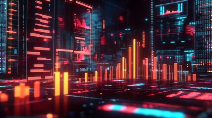 Poster - A high-tech D bar chart with luminous bars arranged in a smooth, upward trend, set against a dark, futuristic financial dashboard