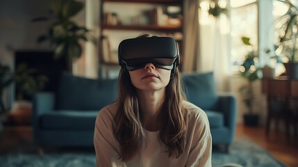 person using virtual reality headset at home