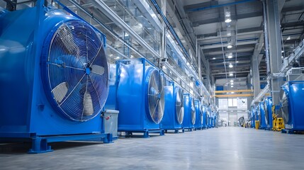 Poster - A series of large powerful blue industrial fans lined up in a clean well lit factory warehouse setting providing efficient mechanical cooling and ventilation for the production environment