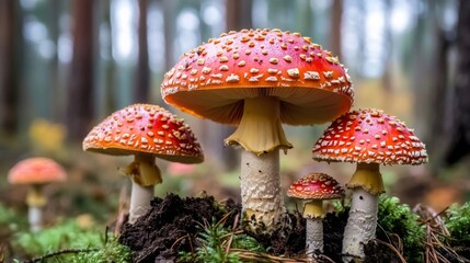 Poster - A whimsical scene of mushrooms with sparkling dew in a misty forest, showcasing the magical atmosphere of nature in the early morning light