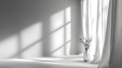 Poster - Soft diffused window light gently casts a calm ethereal shadow on a clean minimalist white wall creating a serene and contemplative interior ambiance