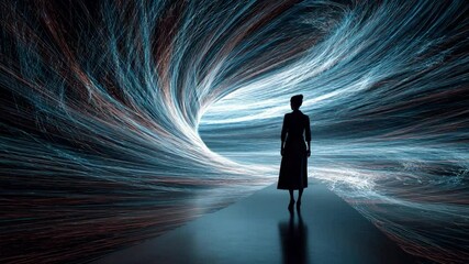 Wall Mural - abstract representation of a silhouette in a colorful flow of energy and light rays on a dark backgr