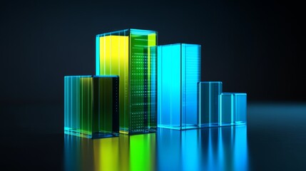 Poster - Vibrant D bar chart in blue and green, with a digital interface overlay, set against a dark background
