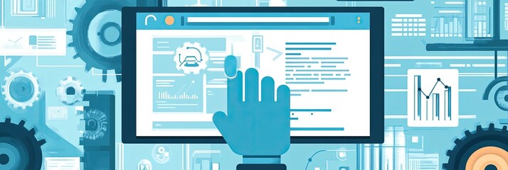 Digital interface with a hand interacting, surrounded by gears and technical elements.  A tablet-style screen displays data and code.  Abstract illustration of technology and user interaction