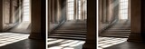 Sunlight streams through grand, stone staircases in a historical building